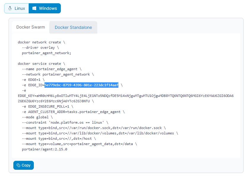 Portainer Edge Agent Docker Swarm setup command for Windows deployment