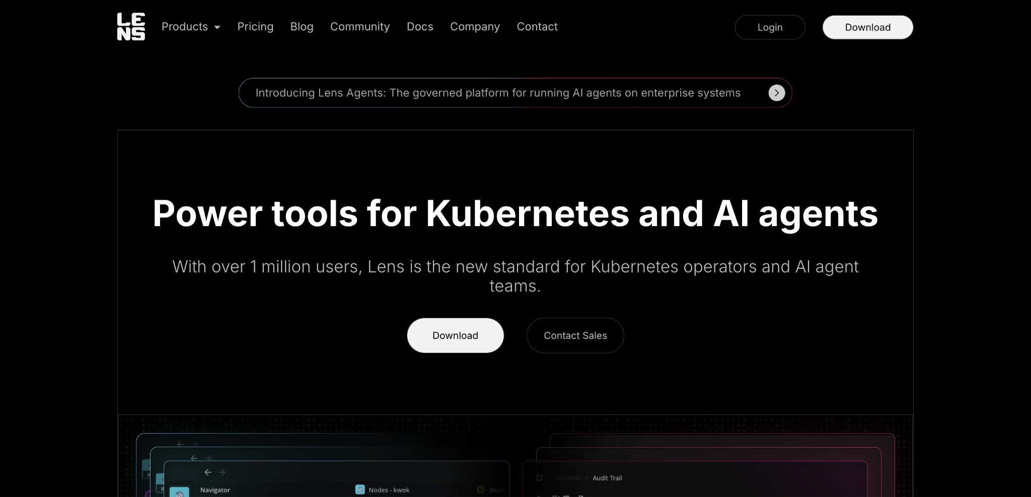 Lens homepage describing its Kubernetes IDE for operators and AI agents