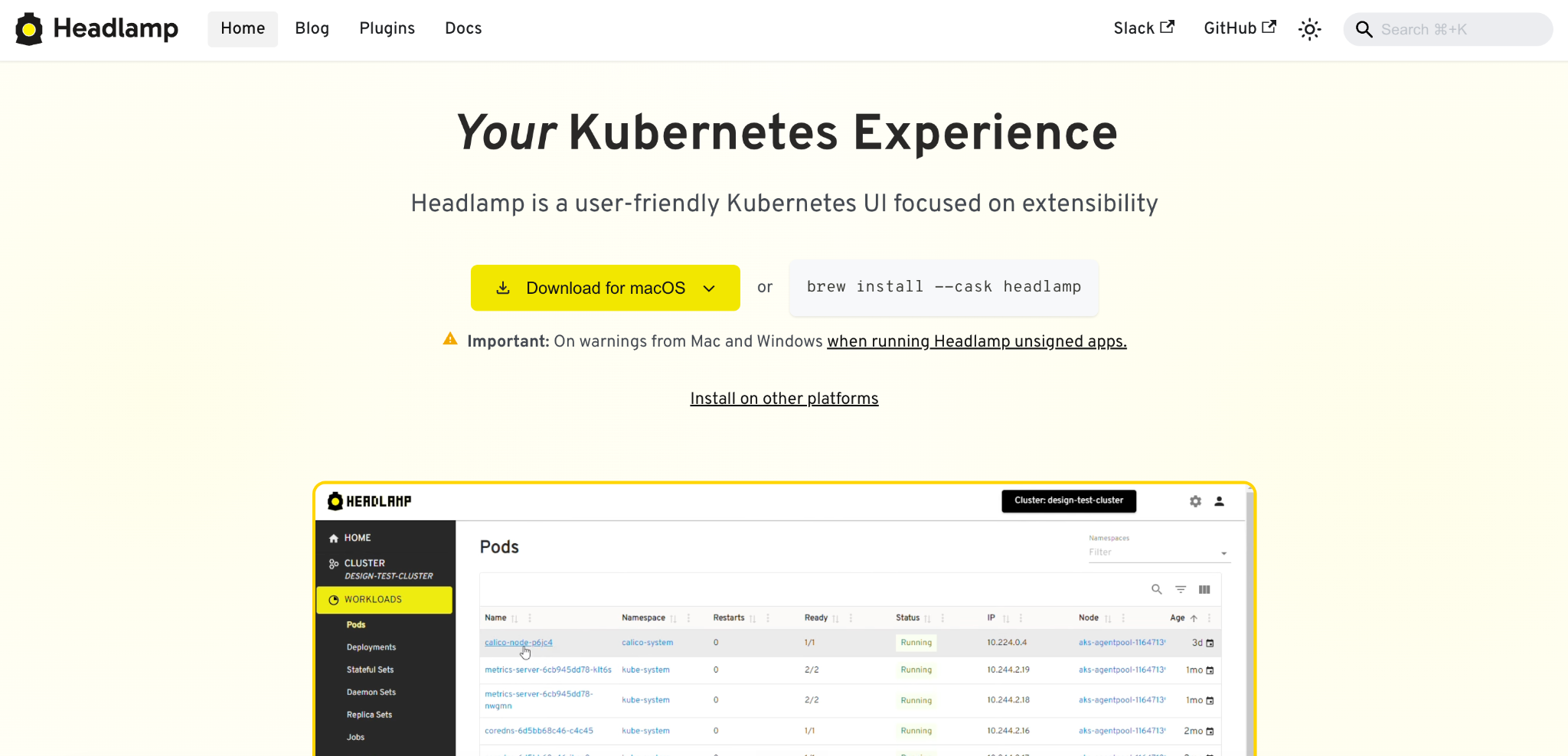 Headlamp homepage showing its extensible Kubernetes UI and pod list view