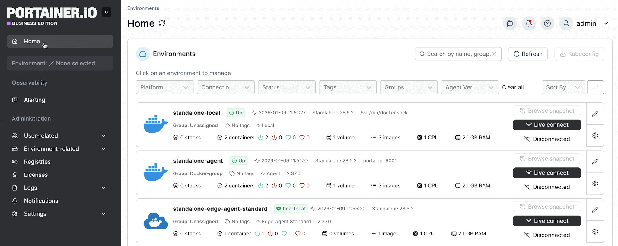 Portainer.io environments dashboard with standalone and edge agent status