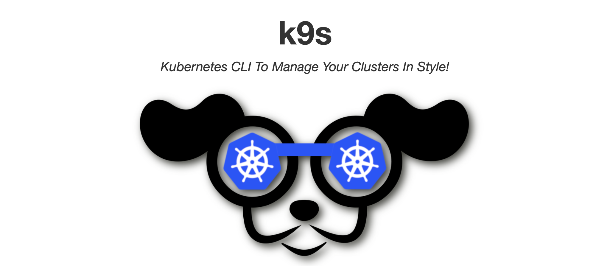 k9s logo, a dog wearing Kubernetes-helm glasses, with CLI tagline