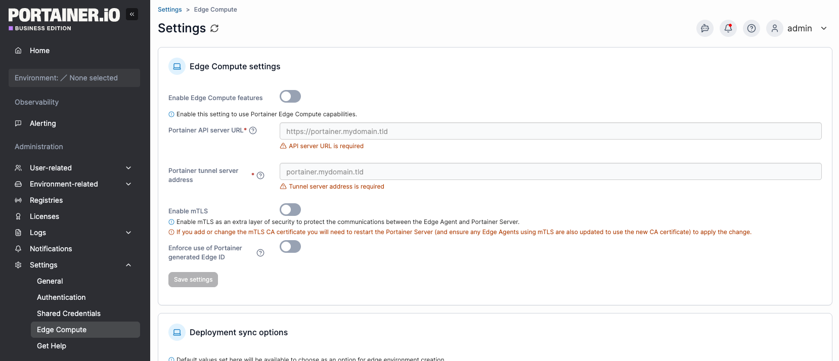 Portainer Business Edition edge compute settings mTLS and tunnel server config