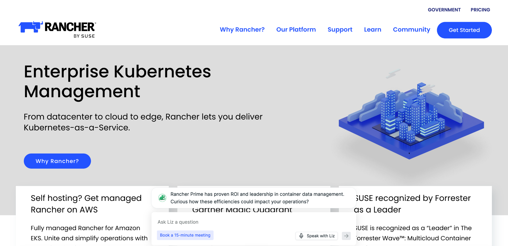 Rancher by SUSE homepage promoting enterprise multi-cluster Kubernetes management