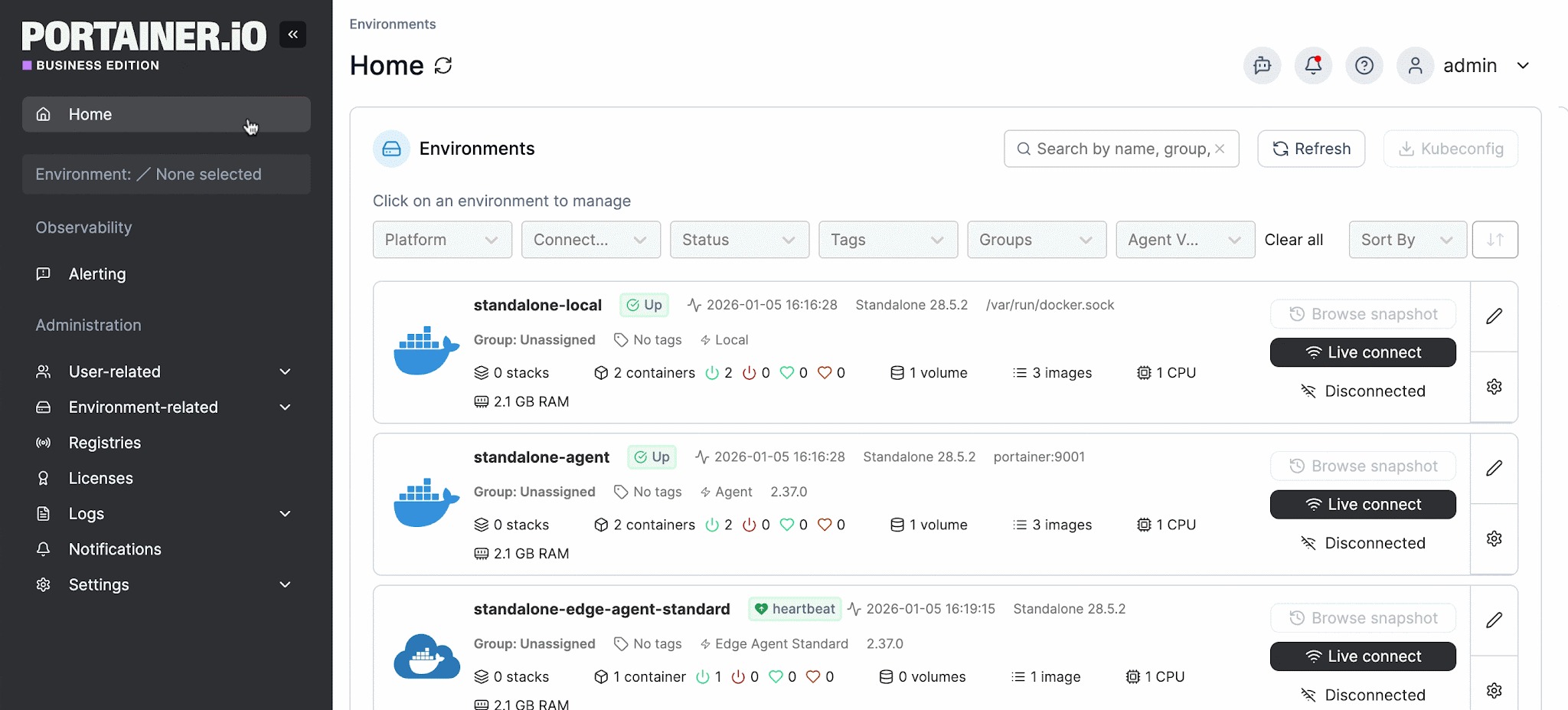 Portainer admin panel with user access control, logs, and licensing settings