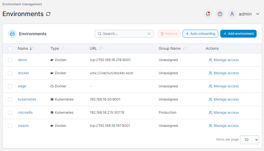 Portainer environments table managing Docker and Kubernetes clusters from one screen