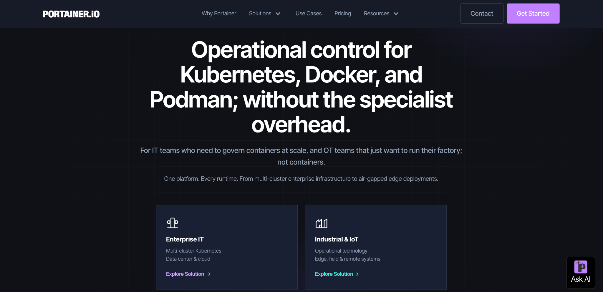 Portainer.io homepage promoting operational control for Kubernetes, Docker, and Podman