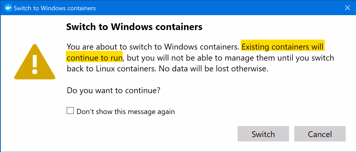 docker switch warning