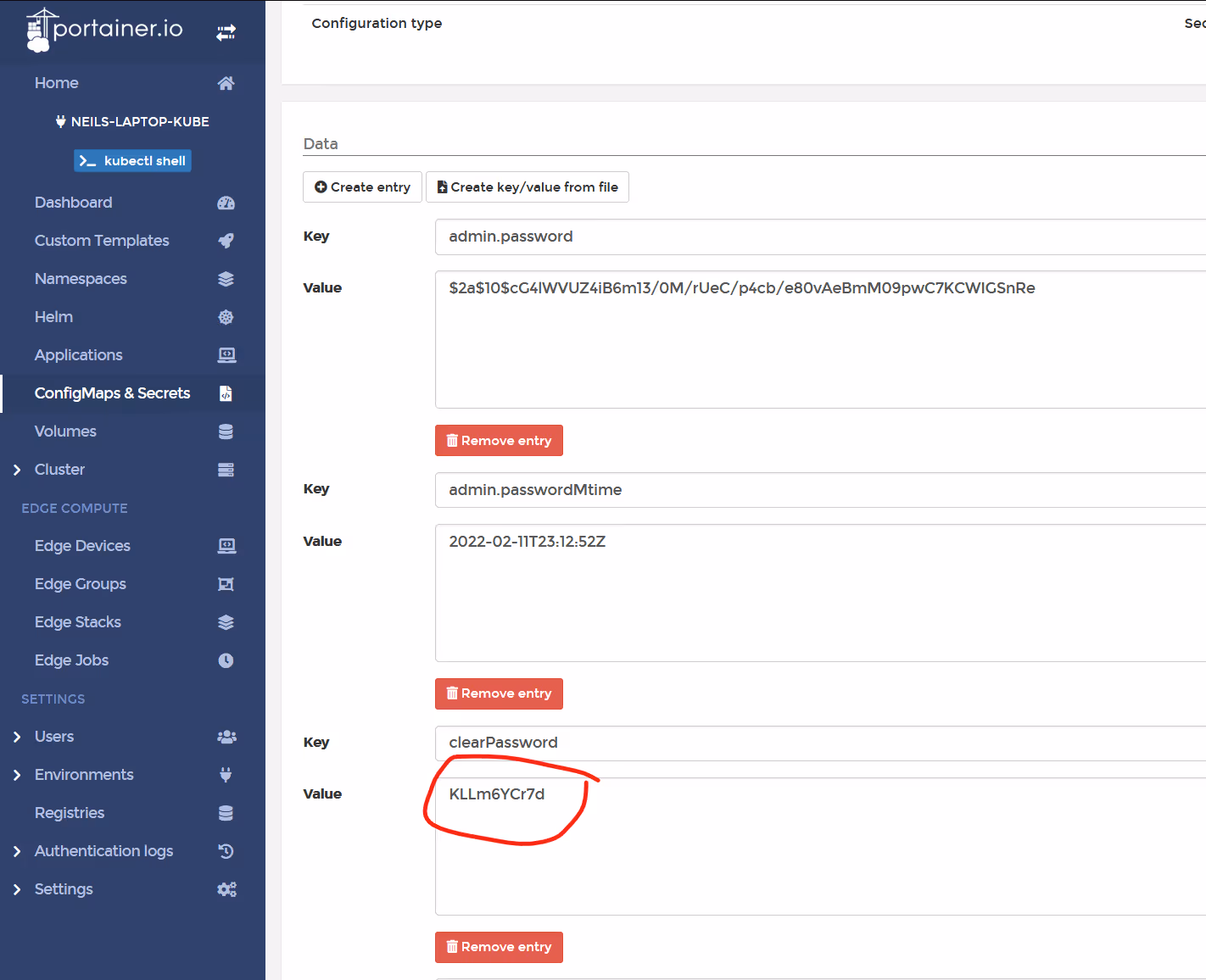 Portainer ConfigMaps&Secrets screenshot