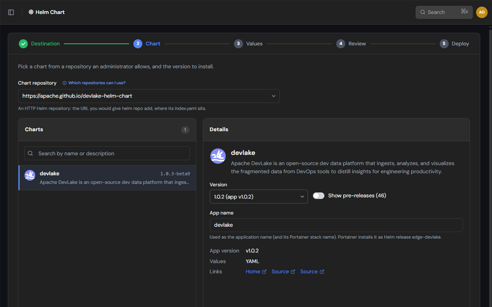 Helm Chart deploy, Values step with live values.yaml