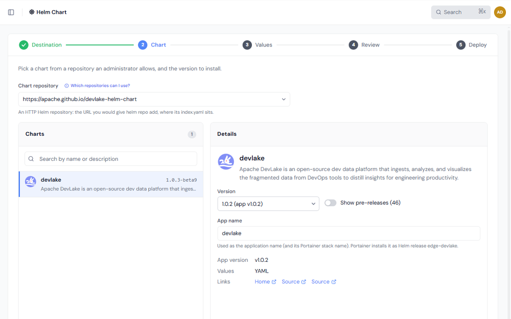 Helm Chart deploy, Values step with live values.yaml